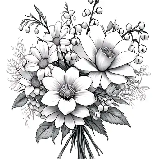 flower bouquet with daffodil, lily of the valley, rose, water lily, morning glory, cosmos, chrysanthemum tattoo design idea