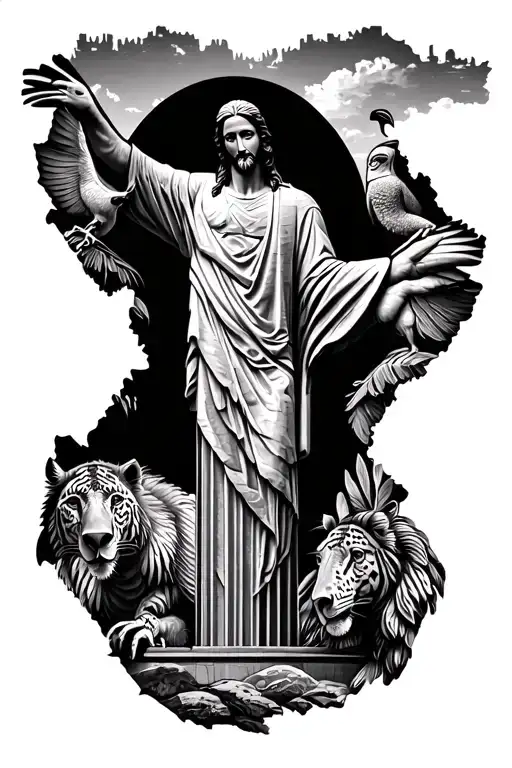 Brazil theme Christ the redeemer brazil landmark shape as my finger print macaw, parrots,toucan, jaguar, rodeo horse  tattoo design idea