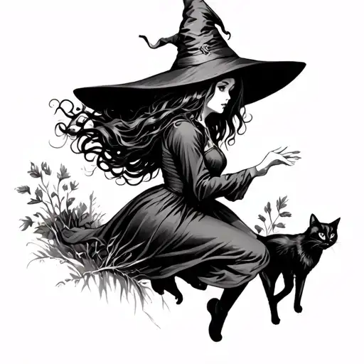 witch woman with witch hat truning into an old witch with black cat and nature tattoo design idea