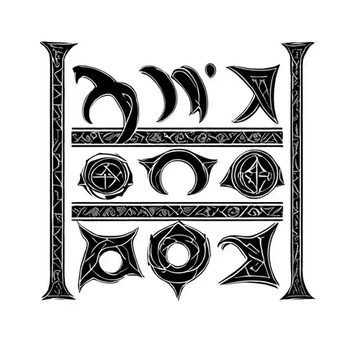 Create a black and white tattoo stencil of three Elder Futhark runes in a horizontal row: Fehu (ᚠ), Algiz (ᛉ), and Thuri tattoo design idea