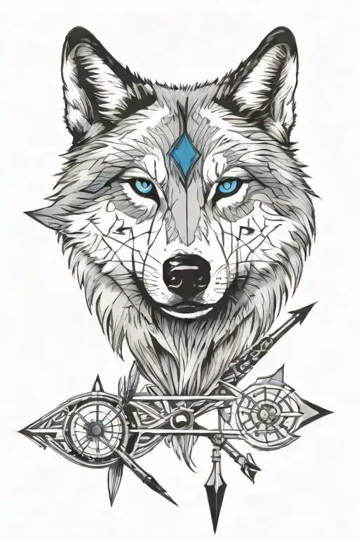 wolf face blue eyeswith a compass in mouth and arrow piercing tattoo design idea