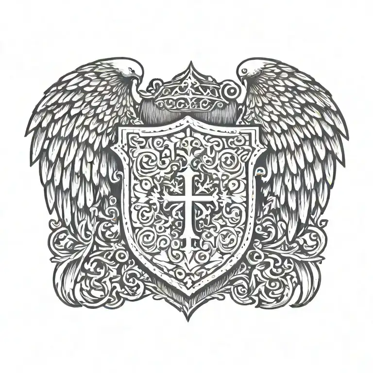 Coat of arms with pair wing of dove and cross in the shield, helm templar tattoo design idea