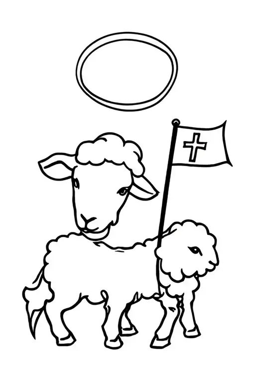 A Christian Lamb of God symbol: A gentle lamb with a halo above its head, holding a flag with a cross on it. The lamb is tattoo design idea