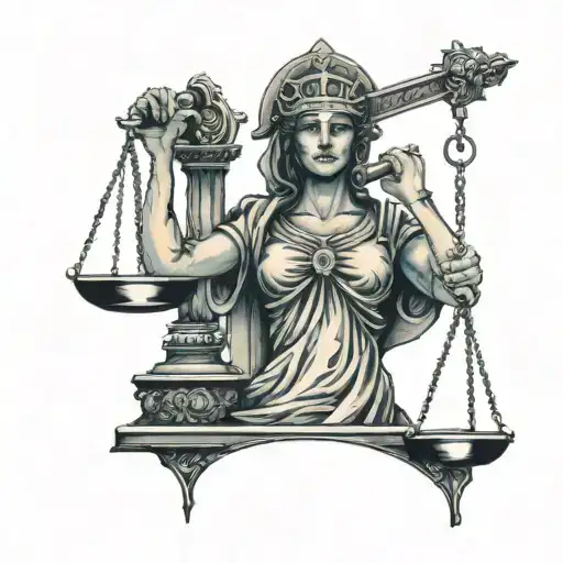 lady justice with face of punisher with weighing scale in  hard hat  tattoo design idea