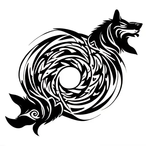 2 wolves that revolves around a circle tattoo design idea