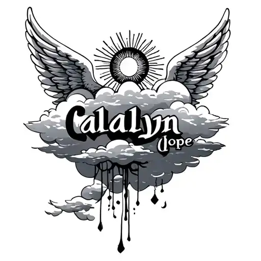"Lizalyn Calliope " clouds with sun and angel wings tattoo design idea