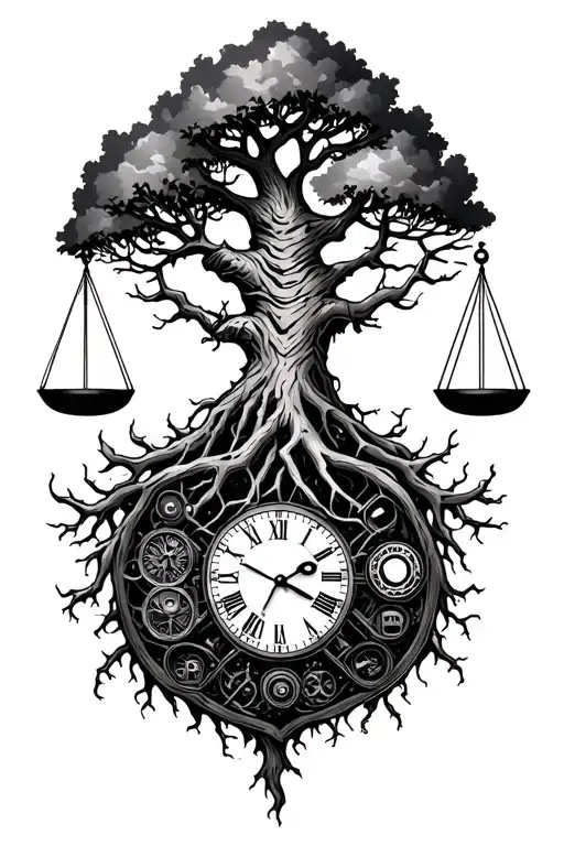 midevil tree of life with roots and branches stretching to shoulders, libra scale, v-twin engine parts and clock intertw tattoo design idea