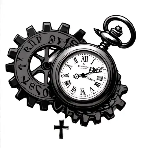 rip son pocket watch surrounded by gears with cross tattoo design idea