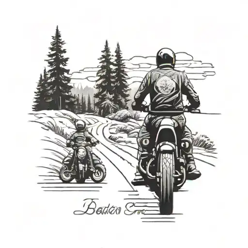 Oregon landscape with a silhouette of a father and son riding motorcycles through Beaverton, incorporating the area code 503 subtly in the design tattoo design idea