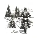 Oregon landscape with a silhouette of a father and son riding motorcycles through Beaverton, incorporating the area code 503 subtly in the design tattoo design idea