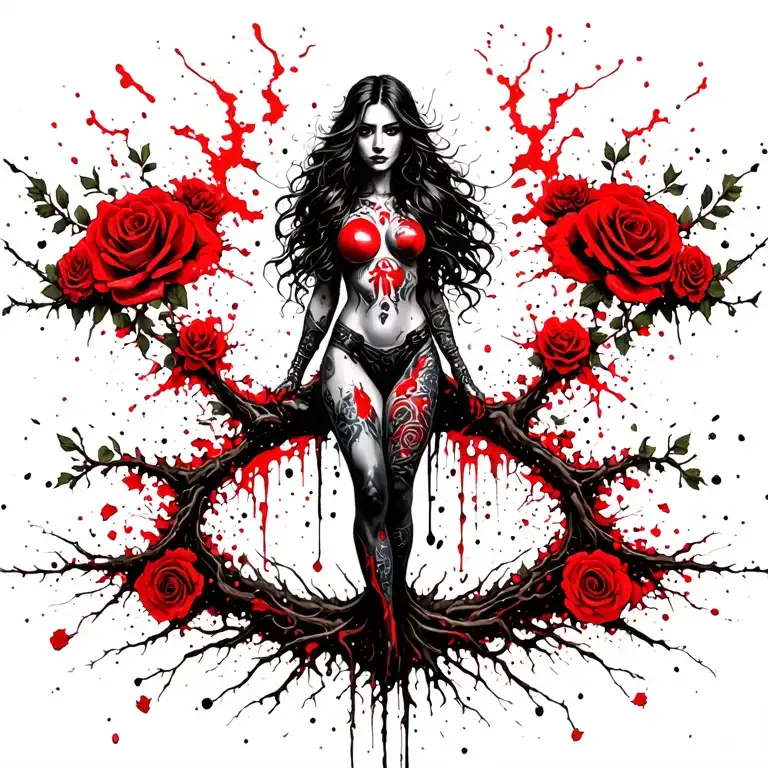 woman warrior with legs turning to roots reaching deep add small roses on vine. elongated version  tattoo design idea