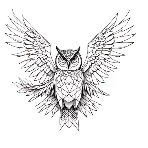 "A highly detailed geometric tattoo featuring an owl with outstretched wings. One wing is composed of natural, organic s tattoo design idea
