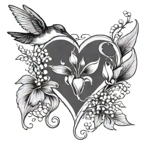 the infinity sign with a sewing needle and a sprig of lily of the valley include a heart and a small hummingbird tattoo design idea