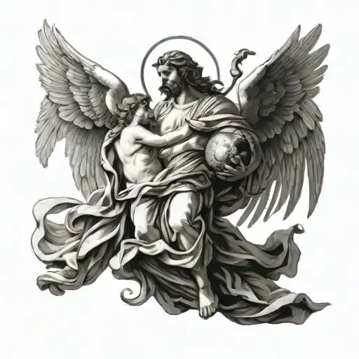 greek god carrying world with angels helping tattoo design idea