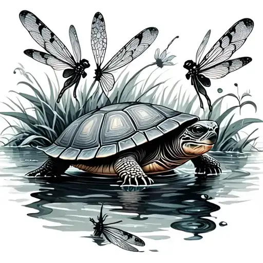 turtle surrounded by dragonflies and water liles in black and grey  tattoo design idea