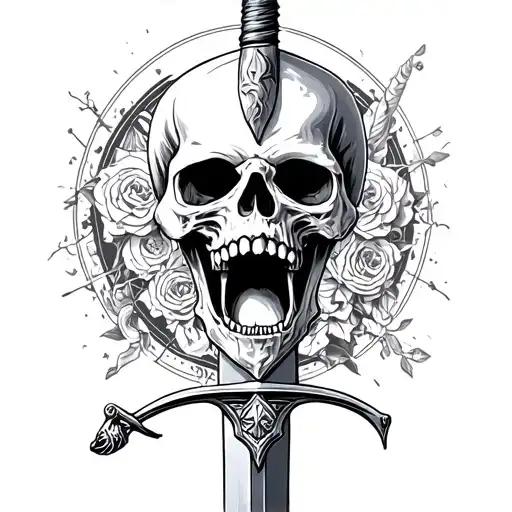 Skull with mouth open and sword going through the top to the bottom. with momento mori tattoo design idea