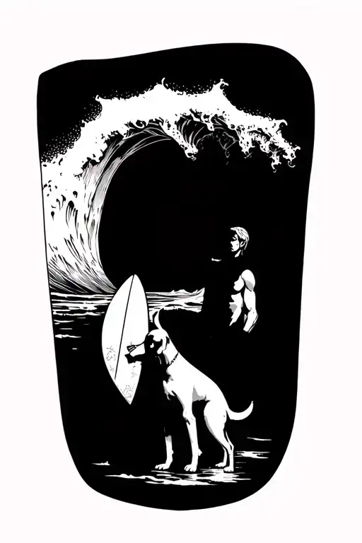 Golden Retreiver standing with man holding surfboard looking at wave from beach with greek mythology themes tattoo design idea