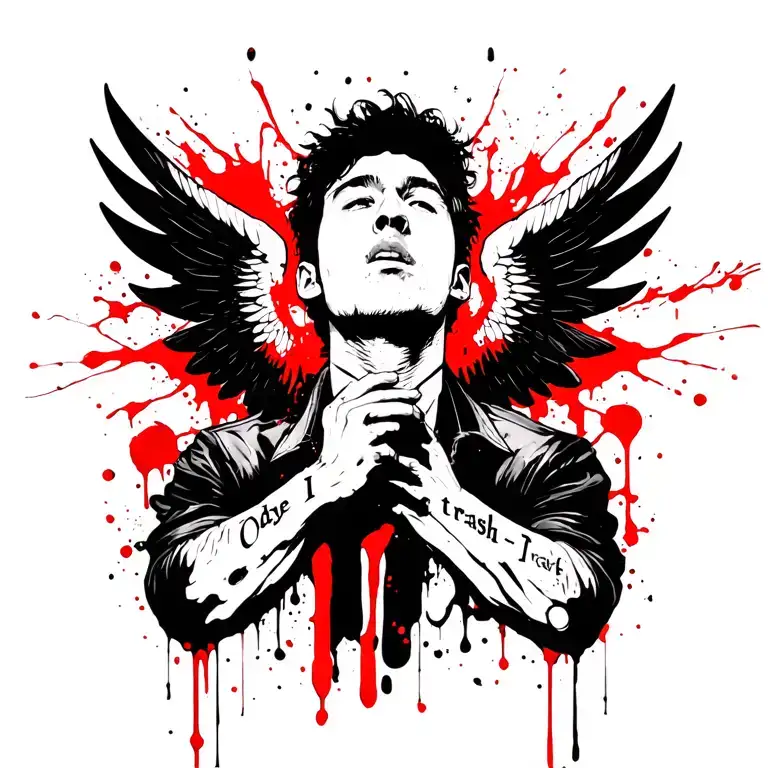 Create me a tattoo design using this, and i want the guy falling add wings and blood Then there's a word like "One day I tattoo design idea