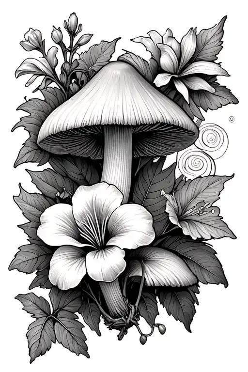 chanterelle mushrooms, trumpet vine flowers, columbine flower and a spiral tattoo design idea
