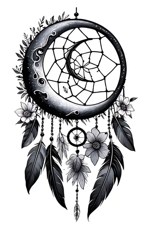 Crescent moon as a Dreamcatcher with feathers at the bottom and flowers tattoo design idea