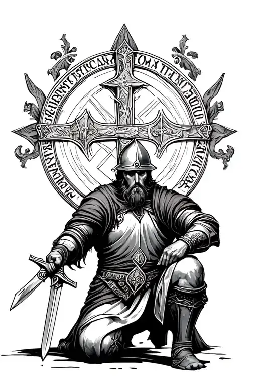 crusader kneeling with sword with crusafix behind him with latin engraved on to it tattoo design idea