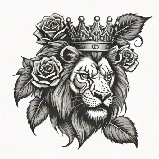 angry lion crown roses tattoo design idea