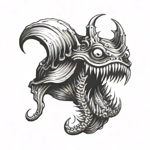 Grotesque, demonic looking clam with a sharp and bloody teeth,and a bloody eye in its mouth tattoo design idea