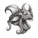 Grotesque, demonic looking clam with a sharp and bloody teeth,and a bloody eye in its mouth tattoo design idea