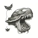 Grotesque, demonic looking clam with a sharp and bloody teeth,and a bloody eye in its mouth tattoo design idea