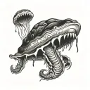 Grotesque, demonic looking clam with a sharp and bloody teeth,and a bloody eye in its mouth tattoo design idea