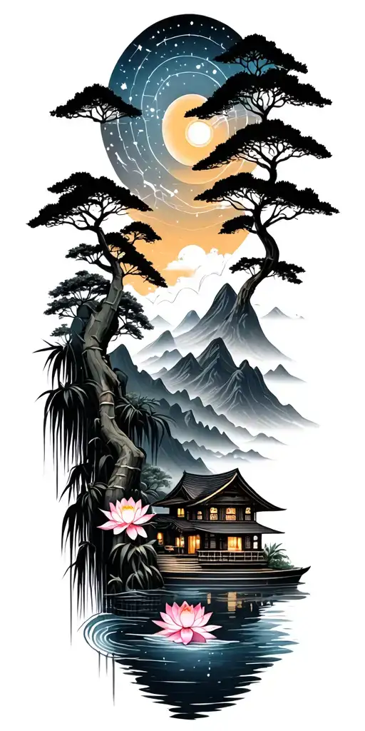 black greyBuddhist nature scene with water, to trees & mountains, to sky and constellation with lotus, bamboo and a home tattoo design idea