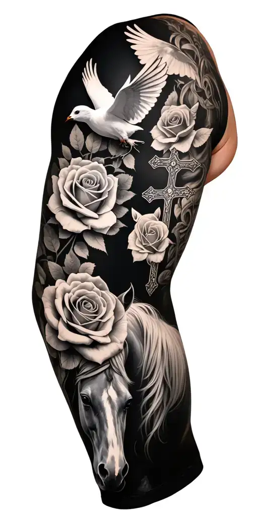 A black and white Left arm sleeve tattoo that’ll include the following roses, doves, cross, horse, the word ‘family’ in  tattoo design idea