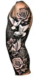 A black and white Left arm sleeve tattoo that’ll include the following roses, doves, cross, horse, the word ‘family’ in  tattoo design idea