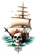 ship rose skull compass tattoo design idea
