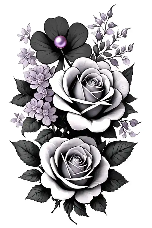 roses, four leaf clover and a lilac pearl in Farsi tattoo design idea