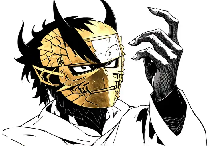 The demon with shinigami holds with his right hand the broken mask "Kid of Darkness" Gold as Sasuke from anime Naruto tattoo design idea