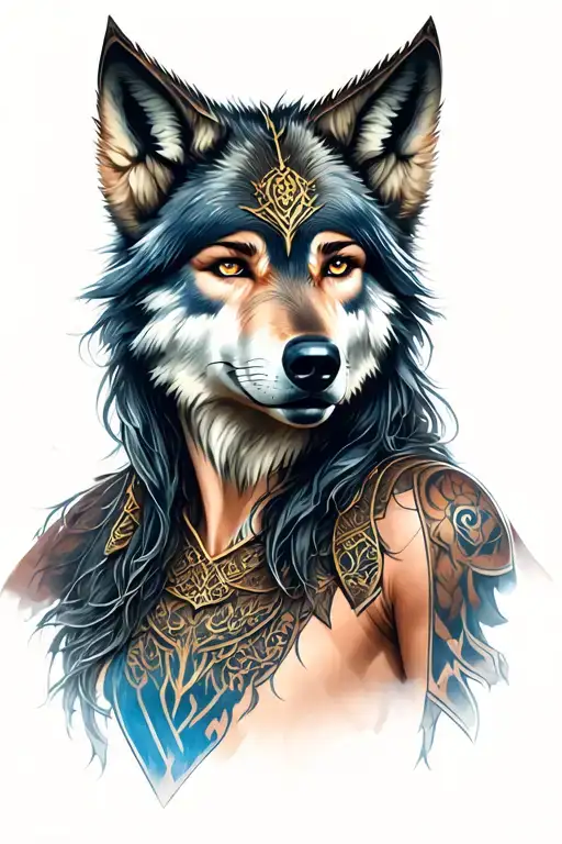 warrior woman wolf tattoo design idea