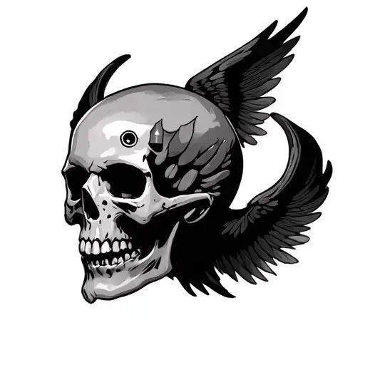 skull with three bullet holes in the forehead area, raven wings coming out of the sides of the skull tattoo design idea