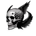 skull with three bullet holes in the forehead area, raven wings coming out of the sides of the skull tattoo design idea