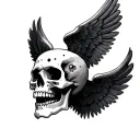 skull with three bullet holes in the forehead area, raven wings coming out of the sides of the skull tattoo design idea