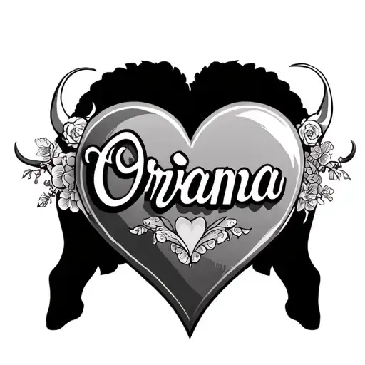 traditional mom heart but with the name Oriana and a bull silhouette behind it tattoo design idea