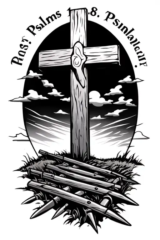 "Psalms 16:8" wooden cross on hills with 3 railroad spikes laying at the foot of the cross with the sun and clouds in the background tattoo design idea