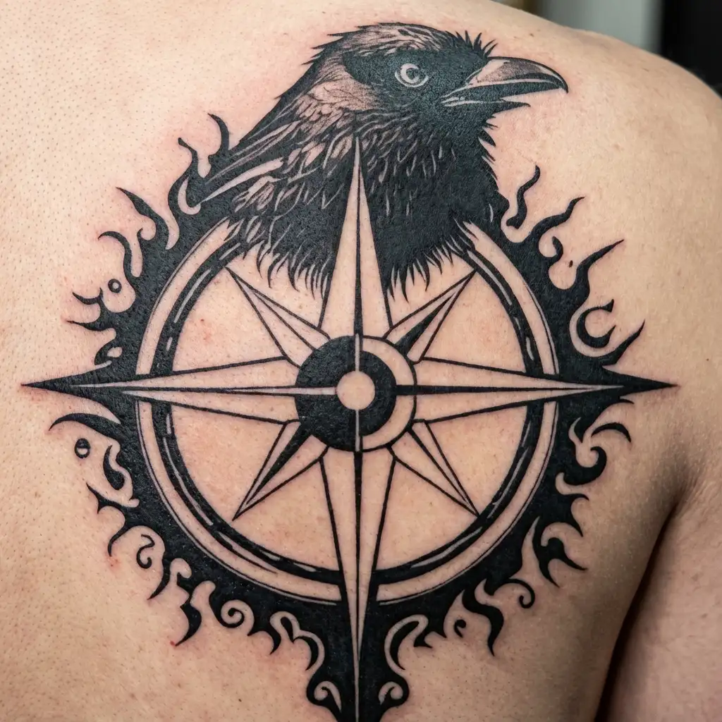 Coverup crow and compass fiery tattoo design idea