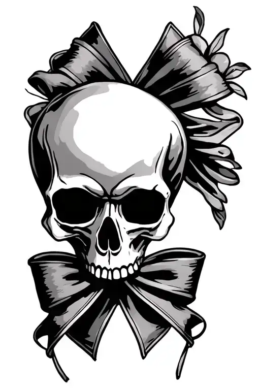 skull as centerpiece of a bow, with crossed corset laces. tattoo design idea
