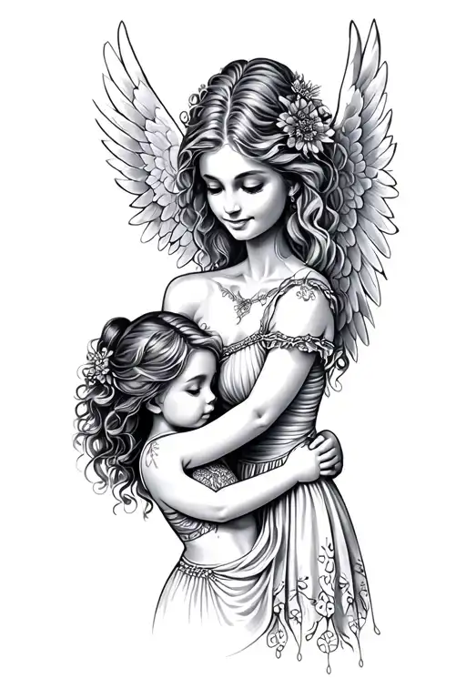 Mom and angel Daughter tattoo design idea