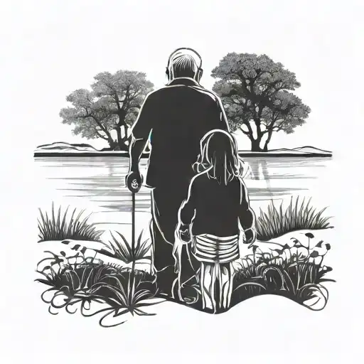 silhouette of a grandfather and his granddaughter from behind tattoo design idea