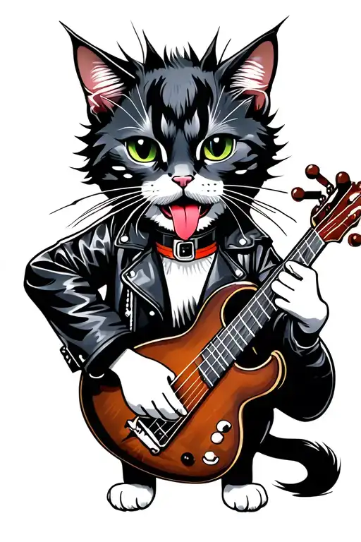 punk Cat in leather jacket with a spiked choker and tounge out playing a uprightbass in classic japanese tatoo style bla tattoo design idea
