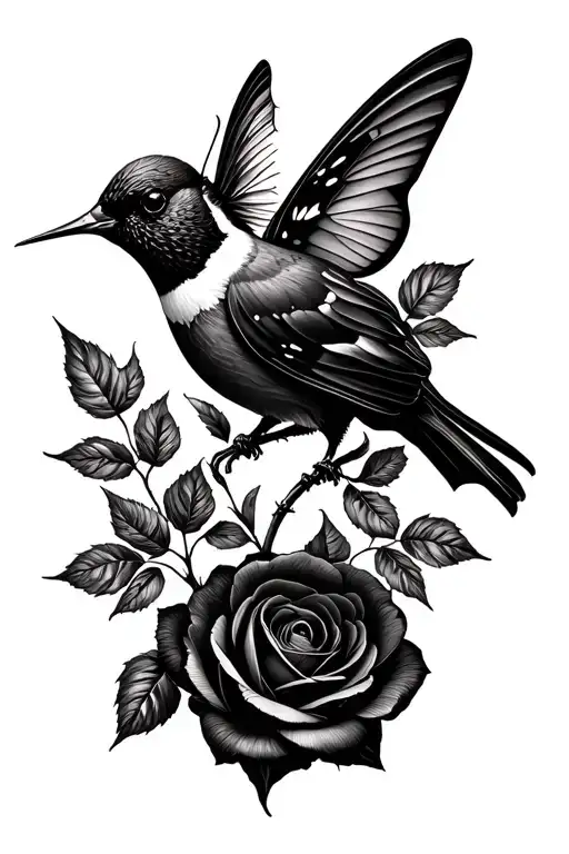 black rose hummingbird butterfly cardinal tattoo design idea