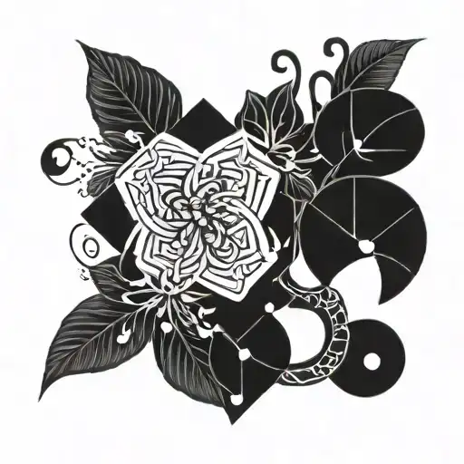 A geometric tattoo design incorporating musical notes and symbols, with jasmine flowers and diamonds intertwined throughout tattoo design idea