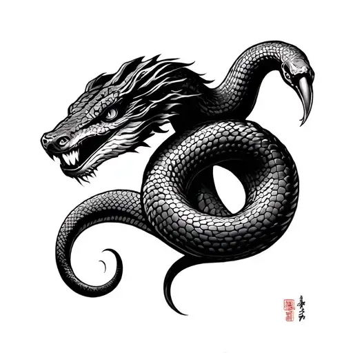 snake and japanese temple tattoo design idea